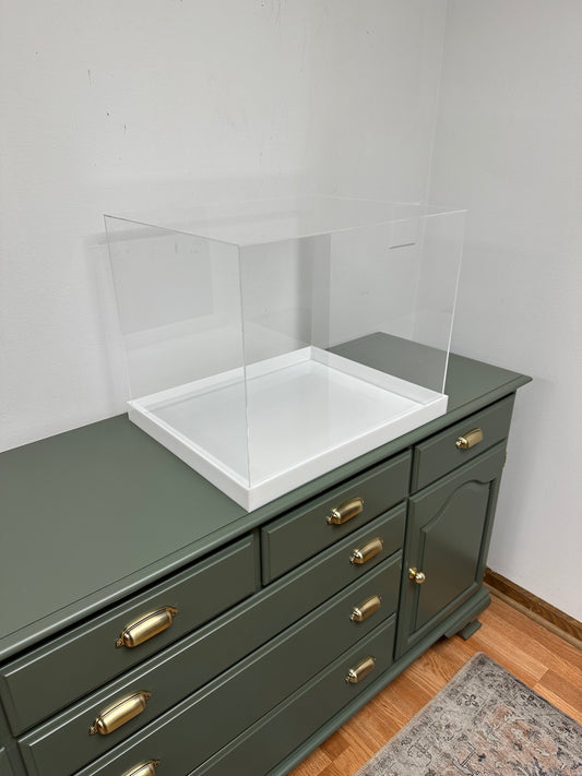Custom made acrylic display case with shoe lid style white base