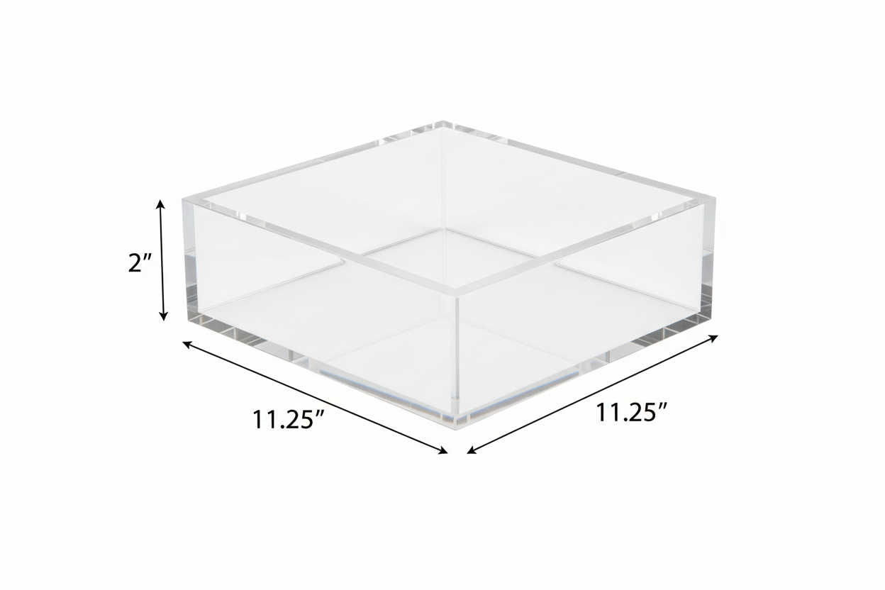 11.25" x 11. 25" x 2" Tall acrylic clear box with size arrows