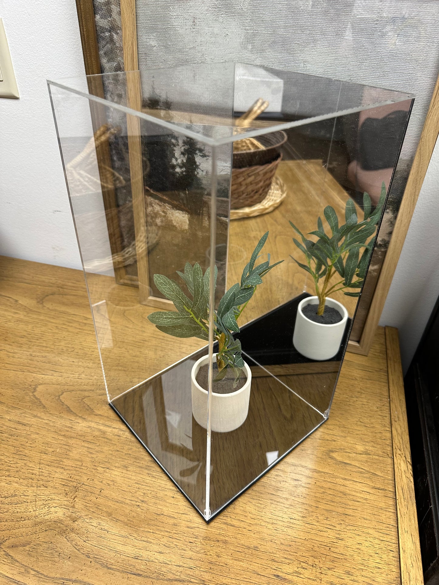Acrylic display case with mirrored back and black base custom size
