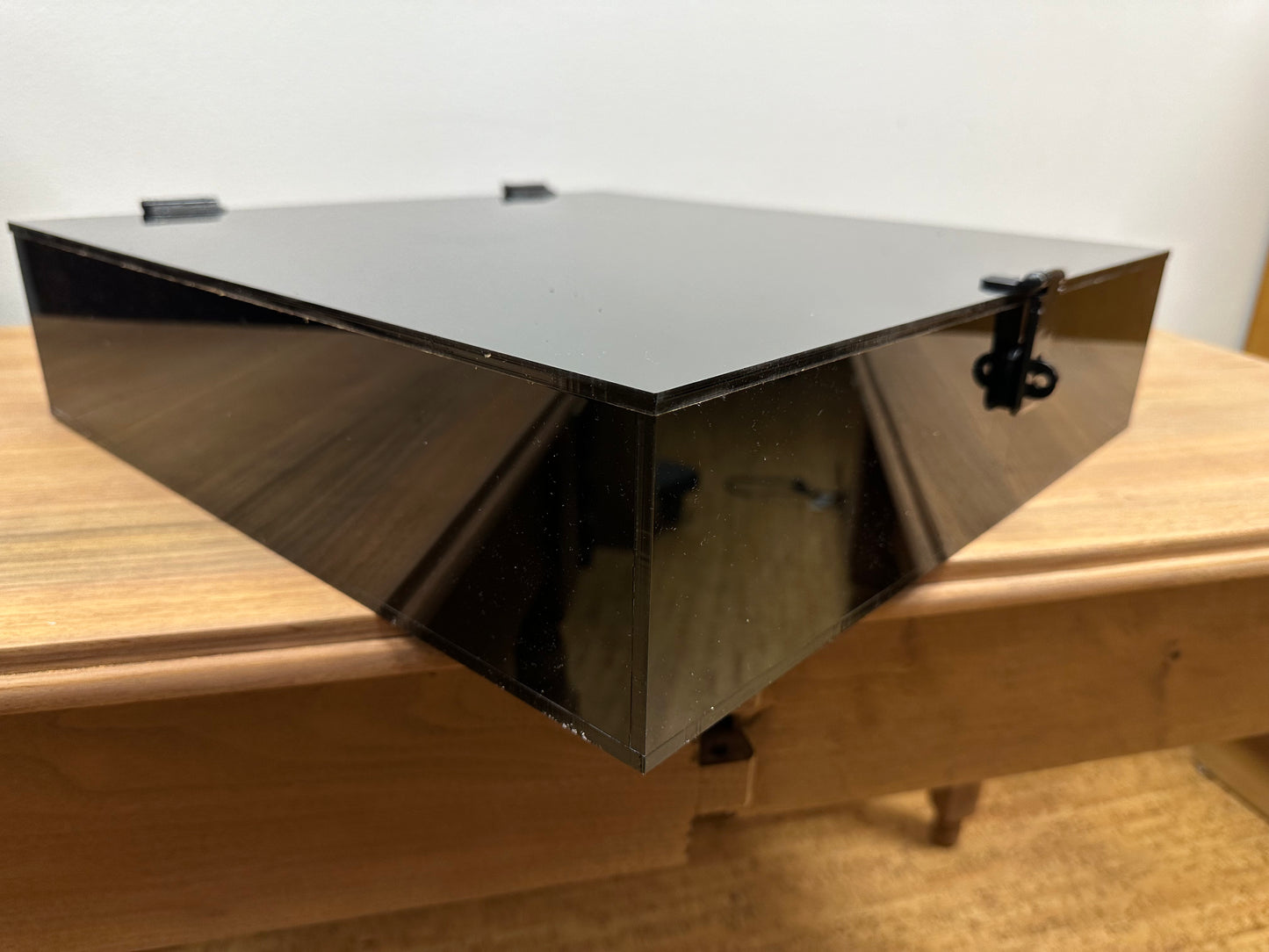 Custom made black acrylic box with hinged top lid and hasp