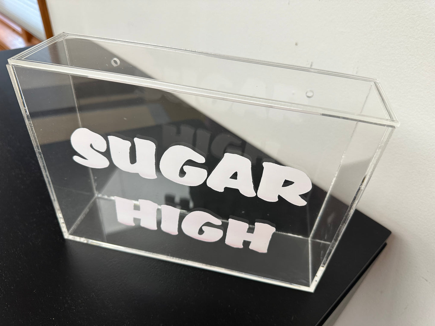 Custom fillable clear acrylic box - wall mounted with custom uv printed text or logo
