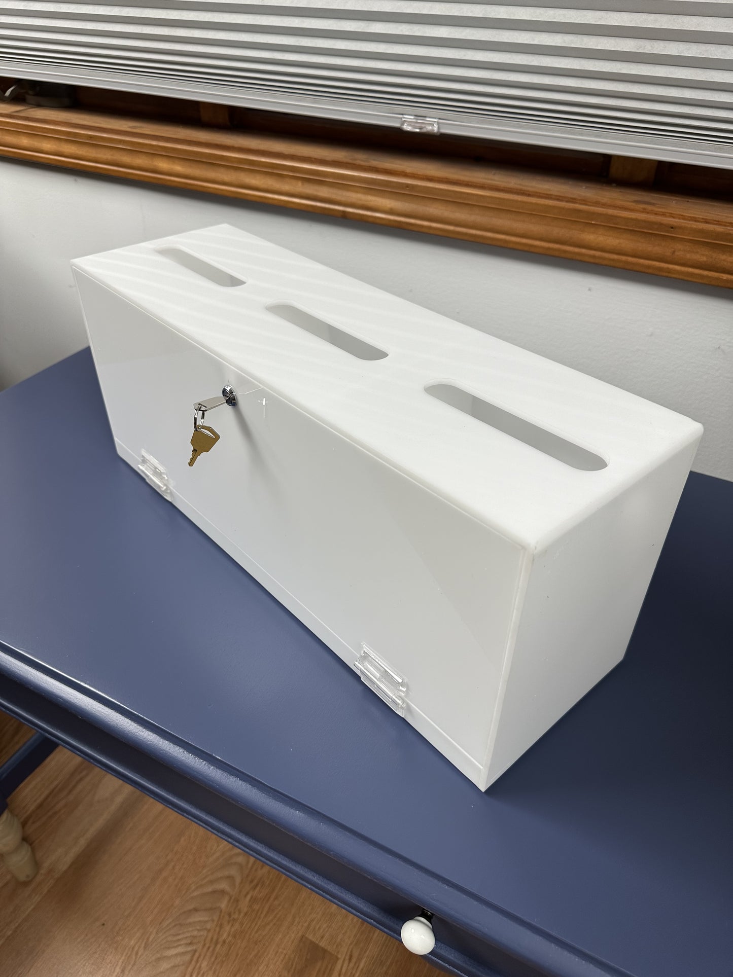 Custom made acrylic keyed box with 3 top slots
