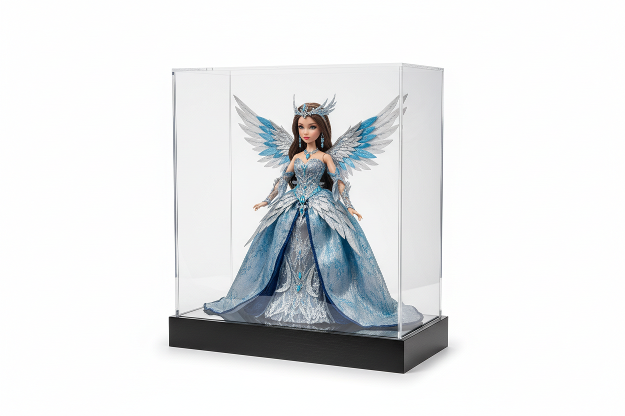 acrylic display case with black base and doll inside