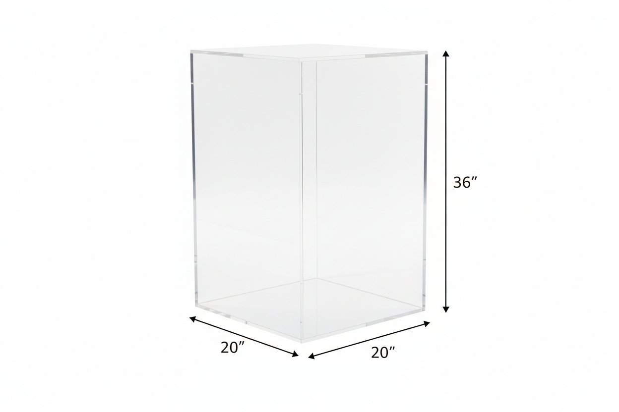 Acrylic display pedestal clear 20 x 20 x 36 " tall with size arrows