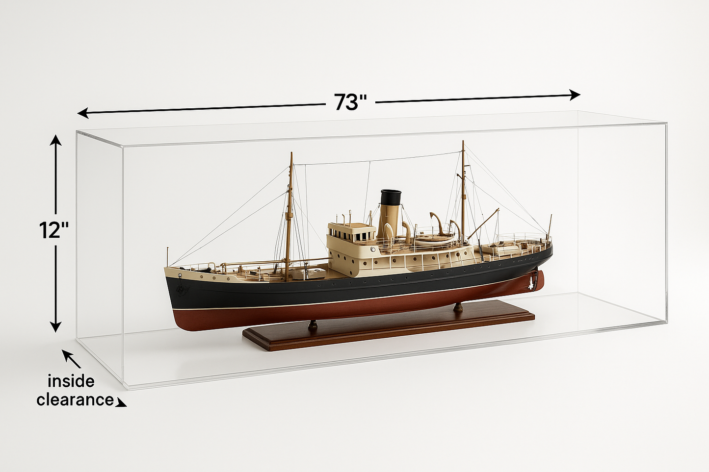 create picture acrylic display case Cover Ship Model 73-inches long, with 10" inside clearance - and 12" tall with size arrows and boat inside