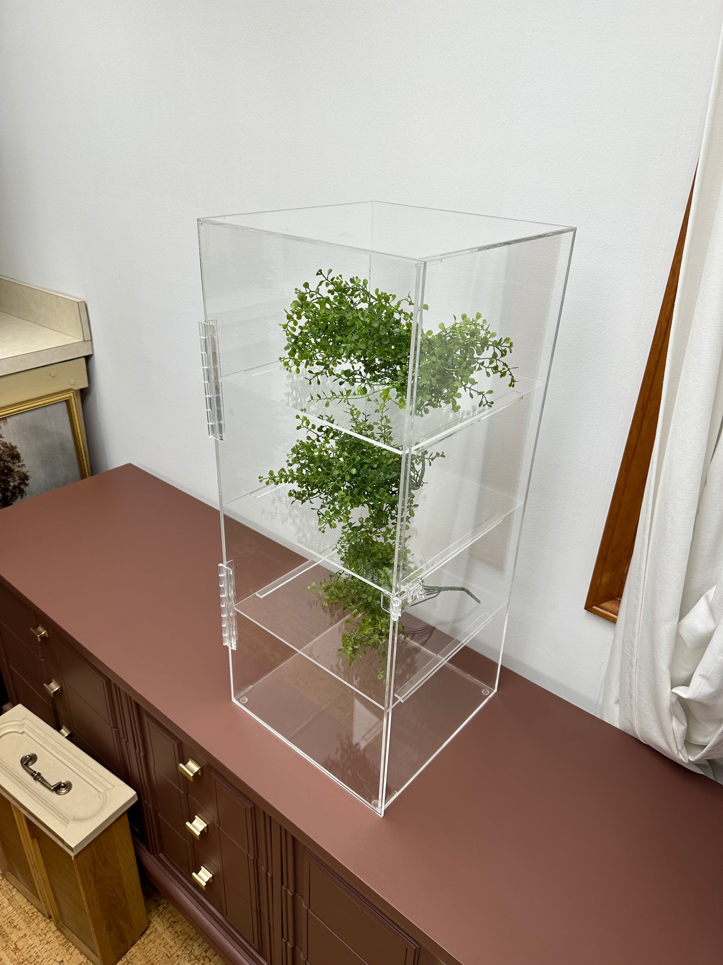 Custom Made Acrylic Display Case With Locking Top Door And Shelves.