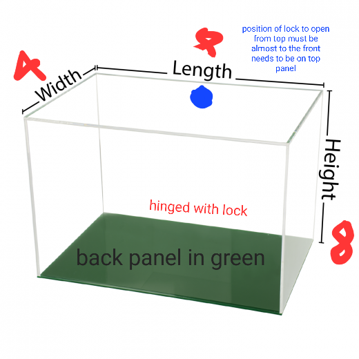 Custom Made Clear Acrylic Box With Green Base Hinged Lid And Camlock