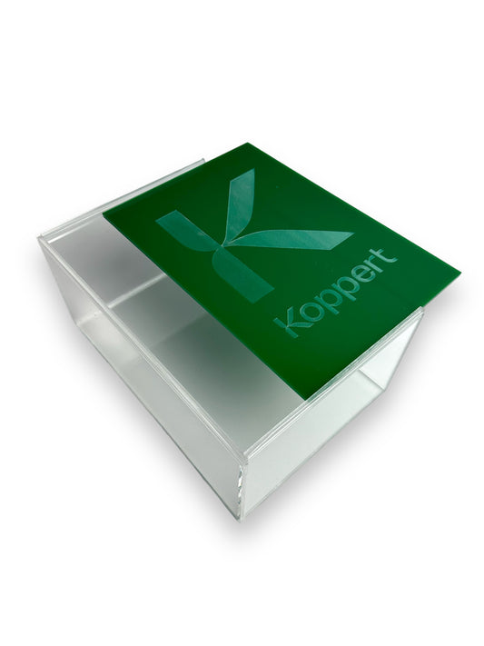 Custom Made Clear Acrylic Box With Green Top Slide Lid And Laser Engraved Logo