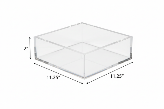  11.25" x 11. 25" x 2" Tall  acrylic clear box with size arrows