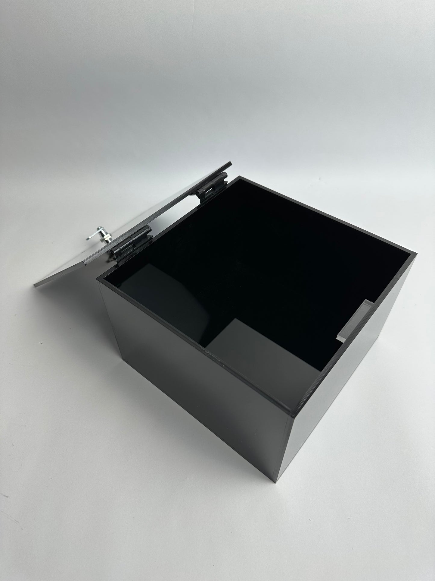 Custom Made Black Acrylic Box With Hinged Top Door