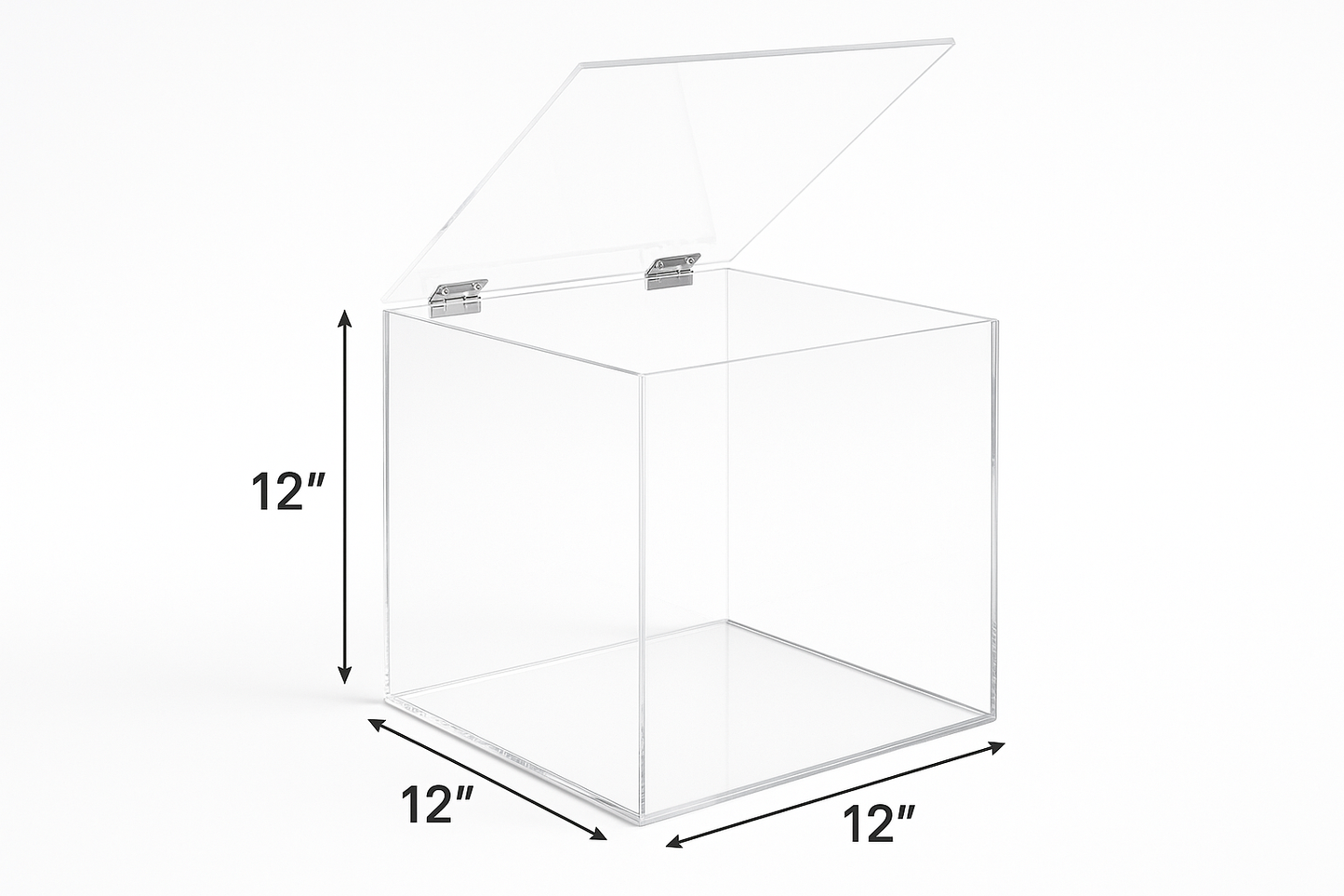 We can ship same or next day clear acrylic display boxes with hinged top lids - stock or custom sizes