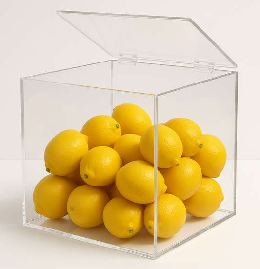 Acrylic plexiglass display cases with hinged top lids for retail or home use