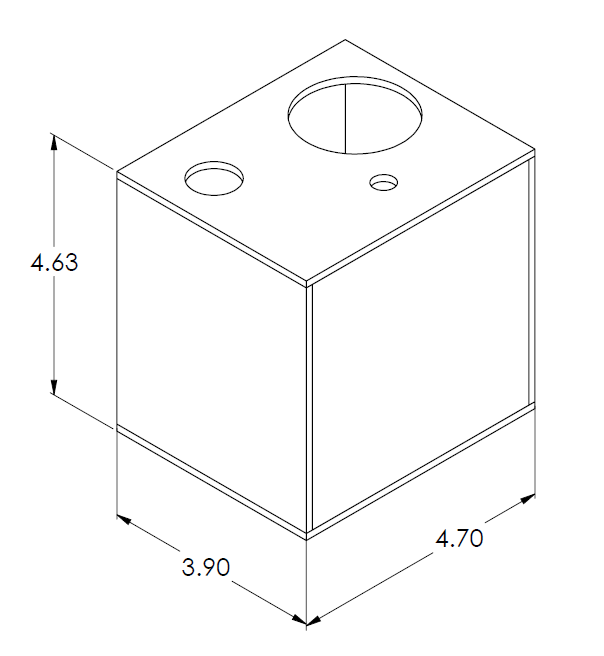 Technical drawing of a square polycarbonate lexan box with dimensions labeled