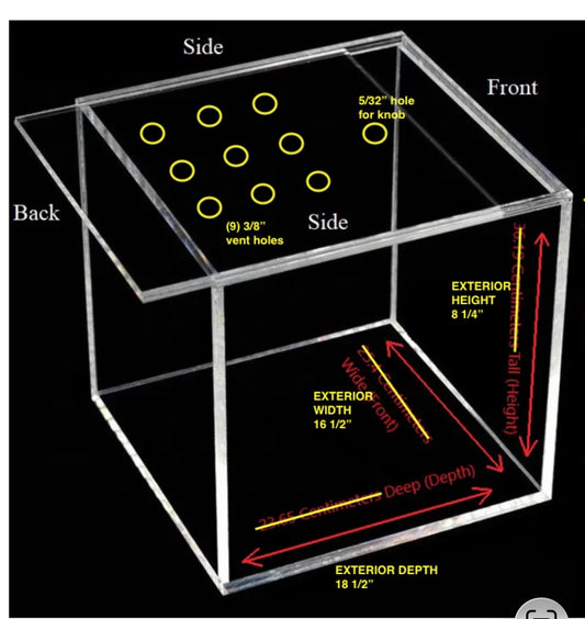 Clear acrylic box with labeled dimensions and laser cut holes