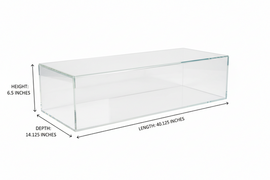 Clear acrylic glass display case with dimensions on a white background