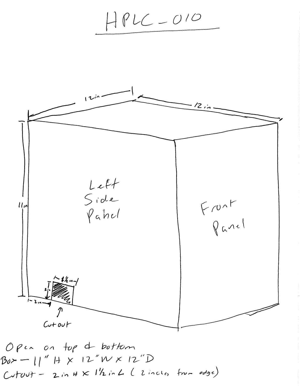 Hand-drawn technical drawing of a custom made acrylic box with dimensions and cutout details 