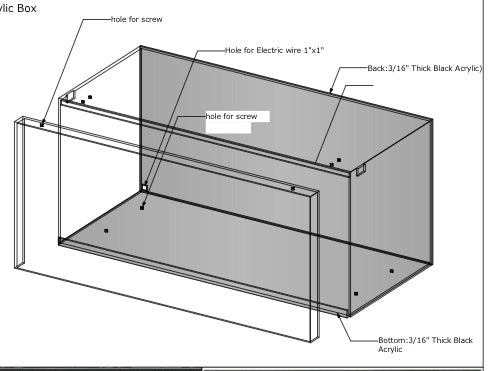 Technical drawing of a black acrylic box with labeled dimensions and features.
