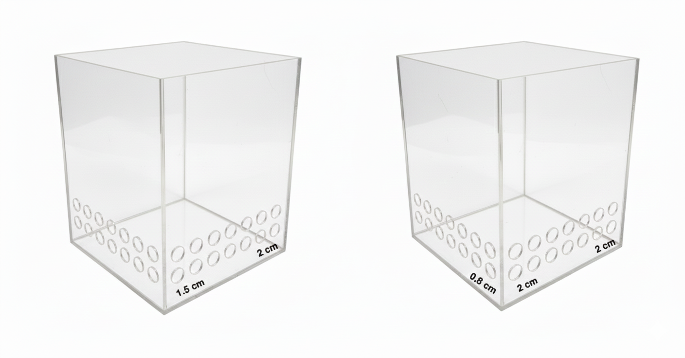 Two clear acrylic display boxes with measurement markings on a white background