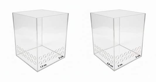 Two clear acrylic display boxes with measurement markings on a white background