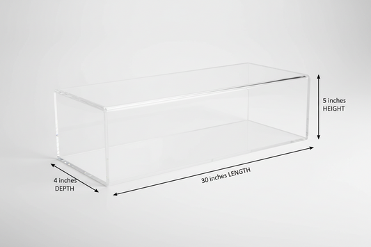 Clear acrylic display case with dimensions labeled on a white background