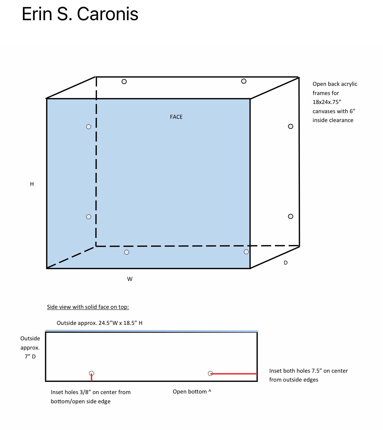 Technical drawing of an open back acrylic frame for art canvases with dimensions and measurements.