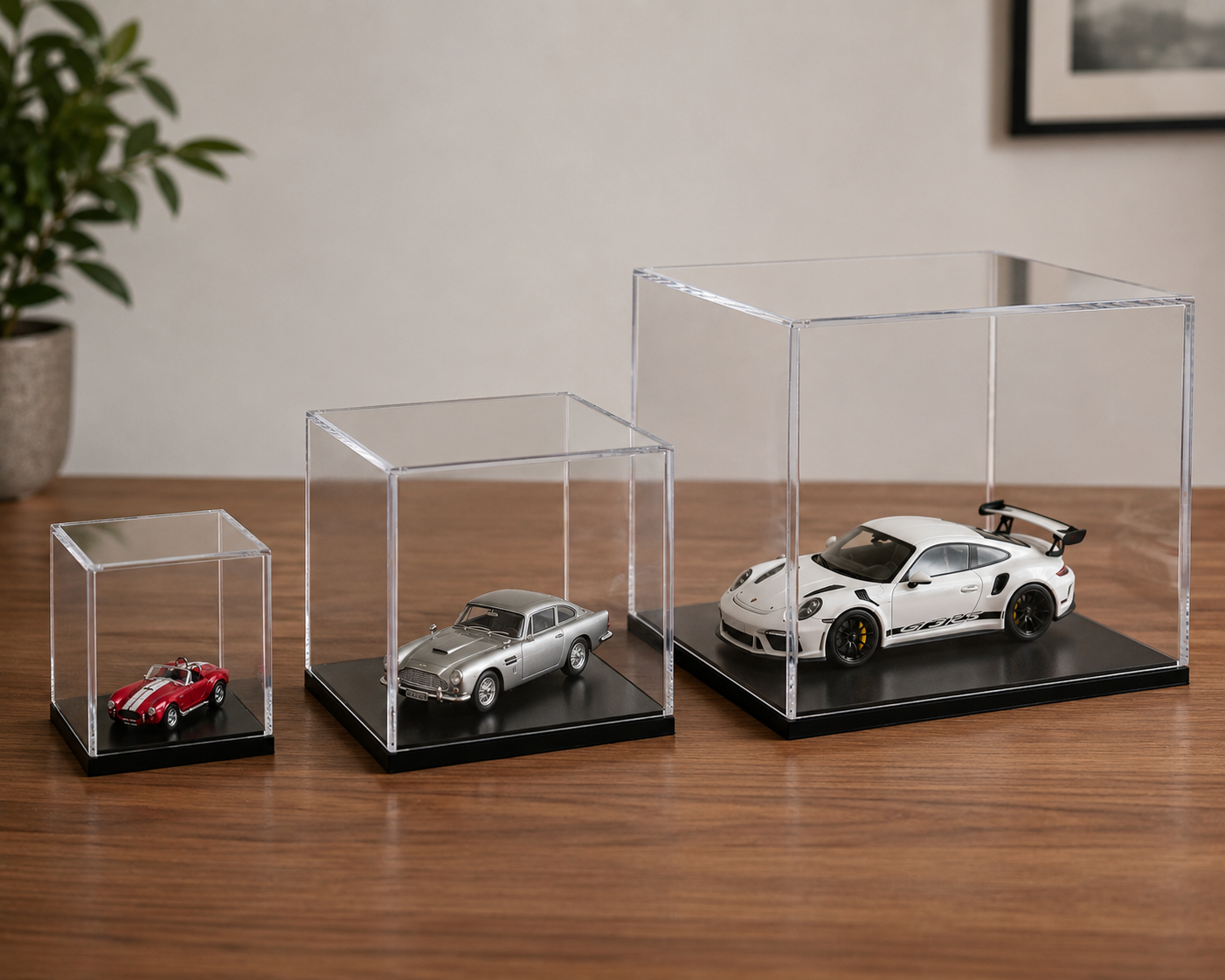 Custom Made Clear Acrylic Display Cases W/Black Bases 3 Sample Boxes