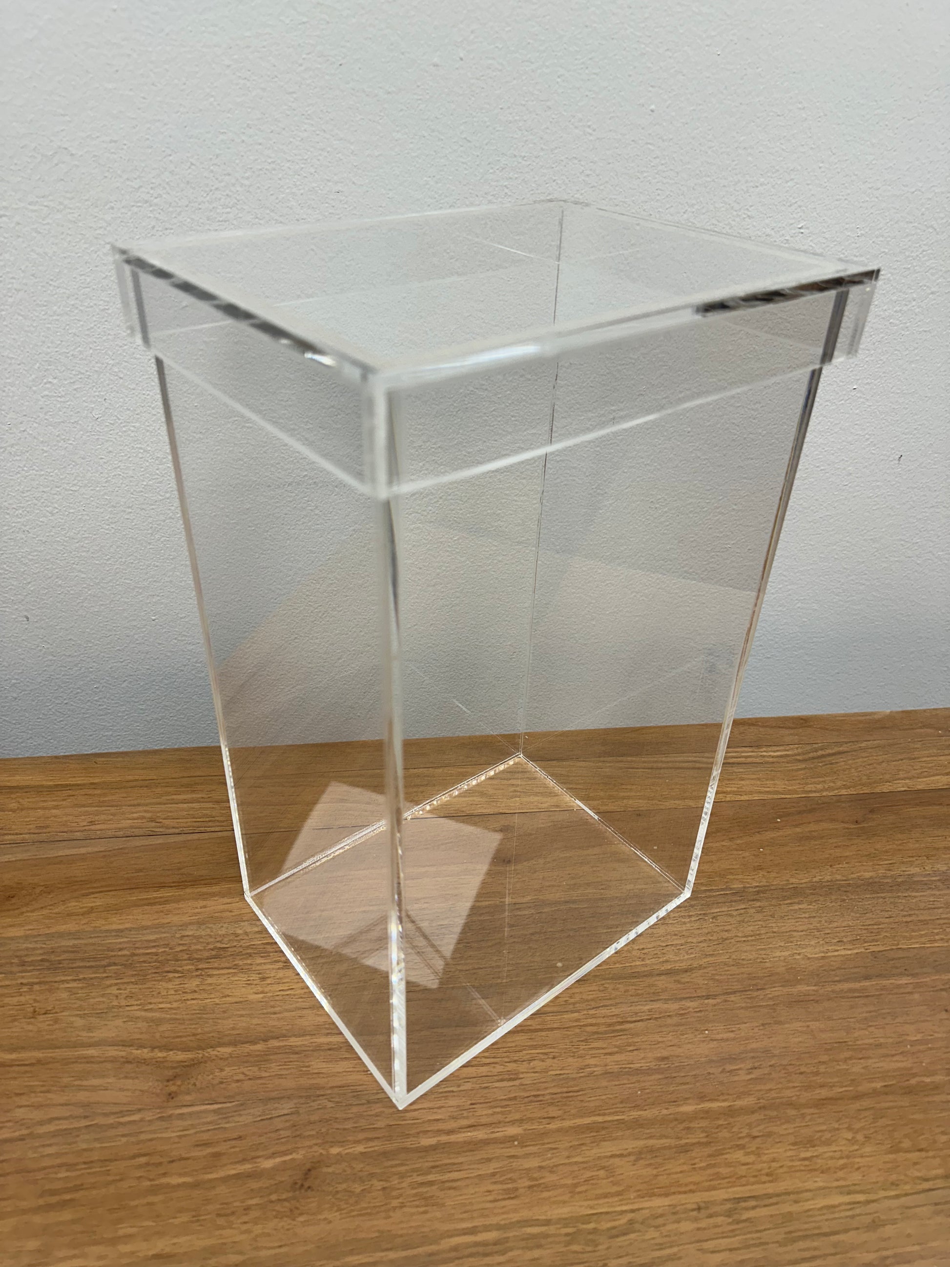 Custom made clear acrylic box with shoe style top lid