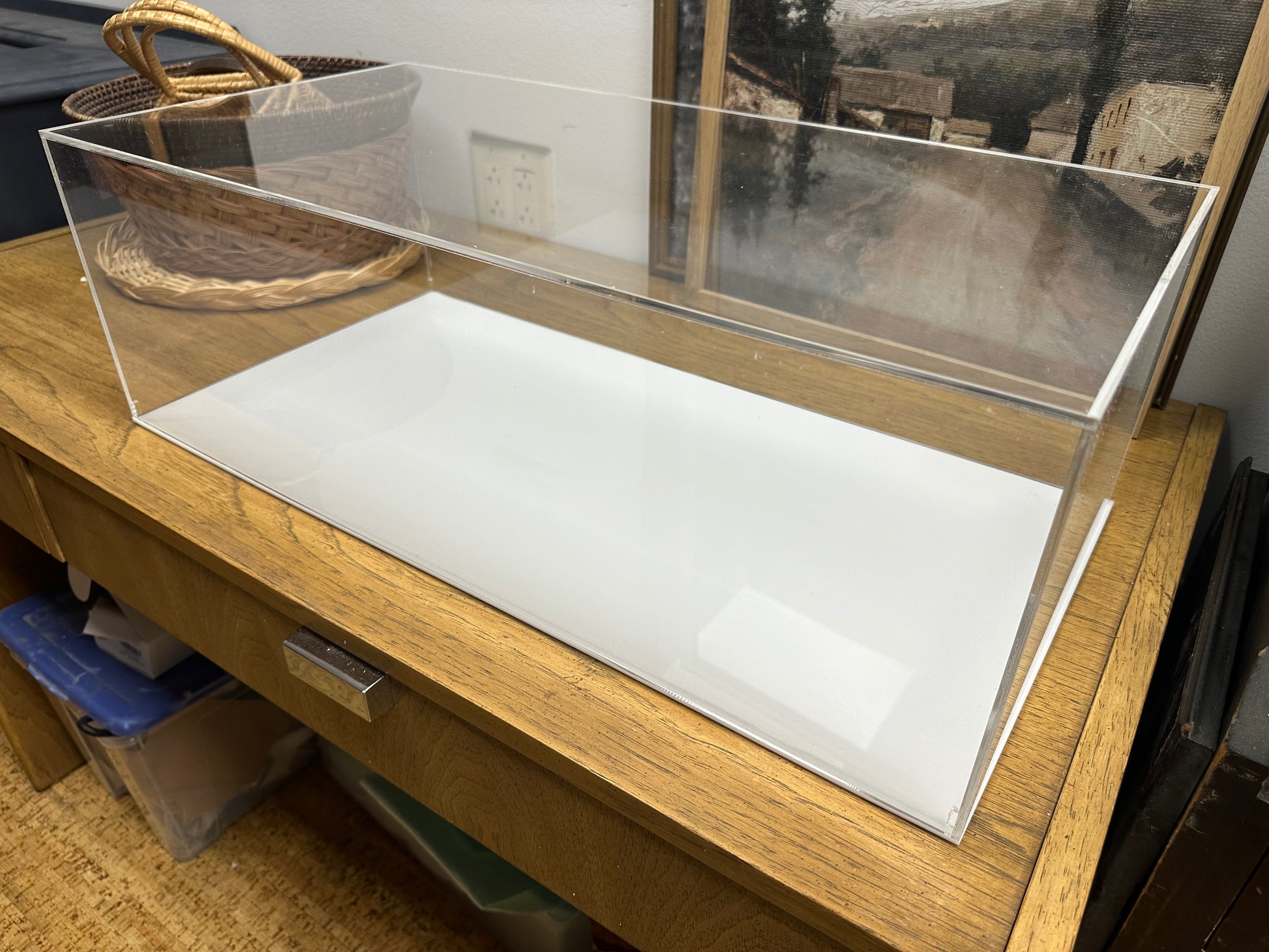 Custom made long acrylic display case box with white easy removable base