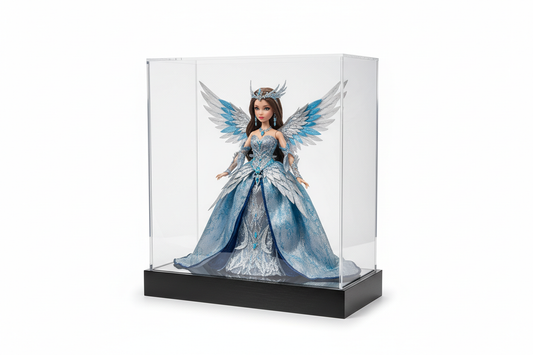 acrylic display case with black base and doll inside