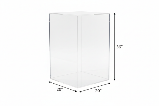 Acrylic display pedestal clear 20 x 20 x 36 " tall with size arrows