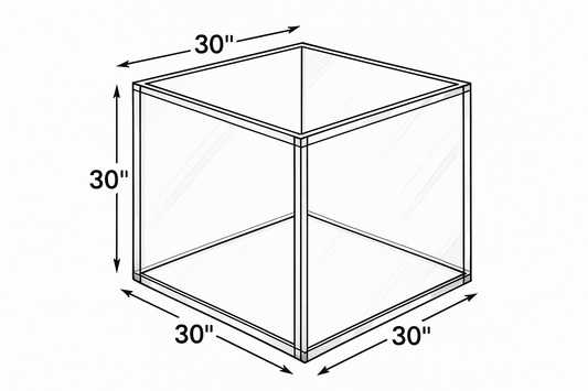create 5 sided clear acrylic box 1" thick sized 30" x 30" x 30" with size arrows