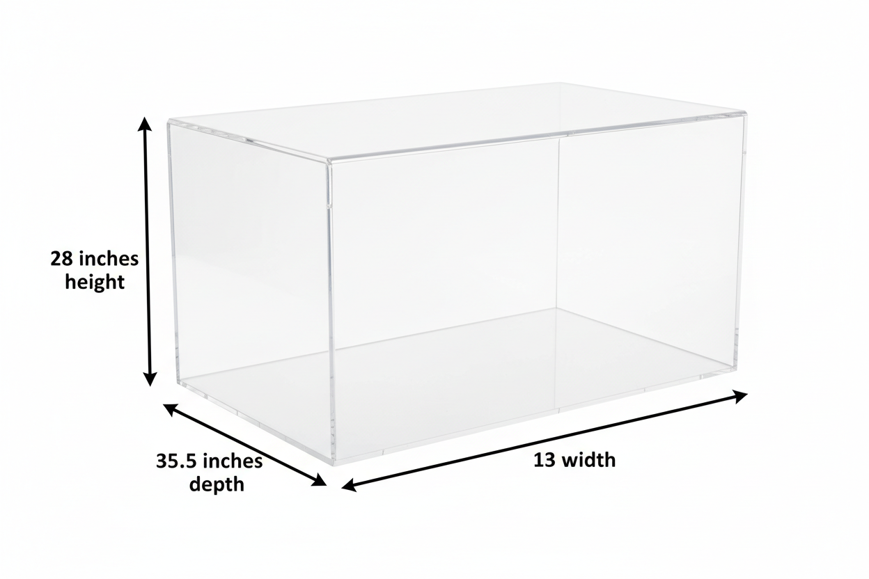  Create acrylic box 28″ H × 35.5″ D × 13″ W with size arrows