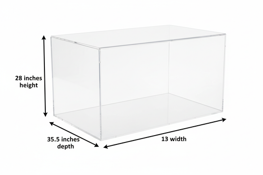  Create acrylic box 28″ H × 35.5″ D × 13″ W with size arrows