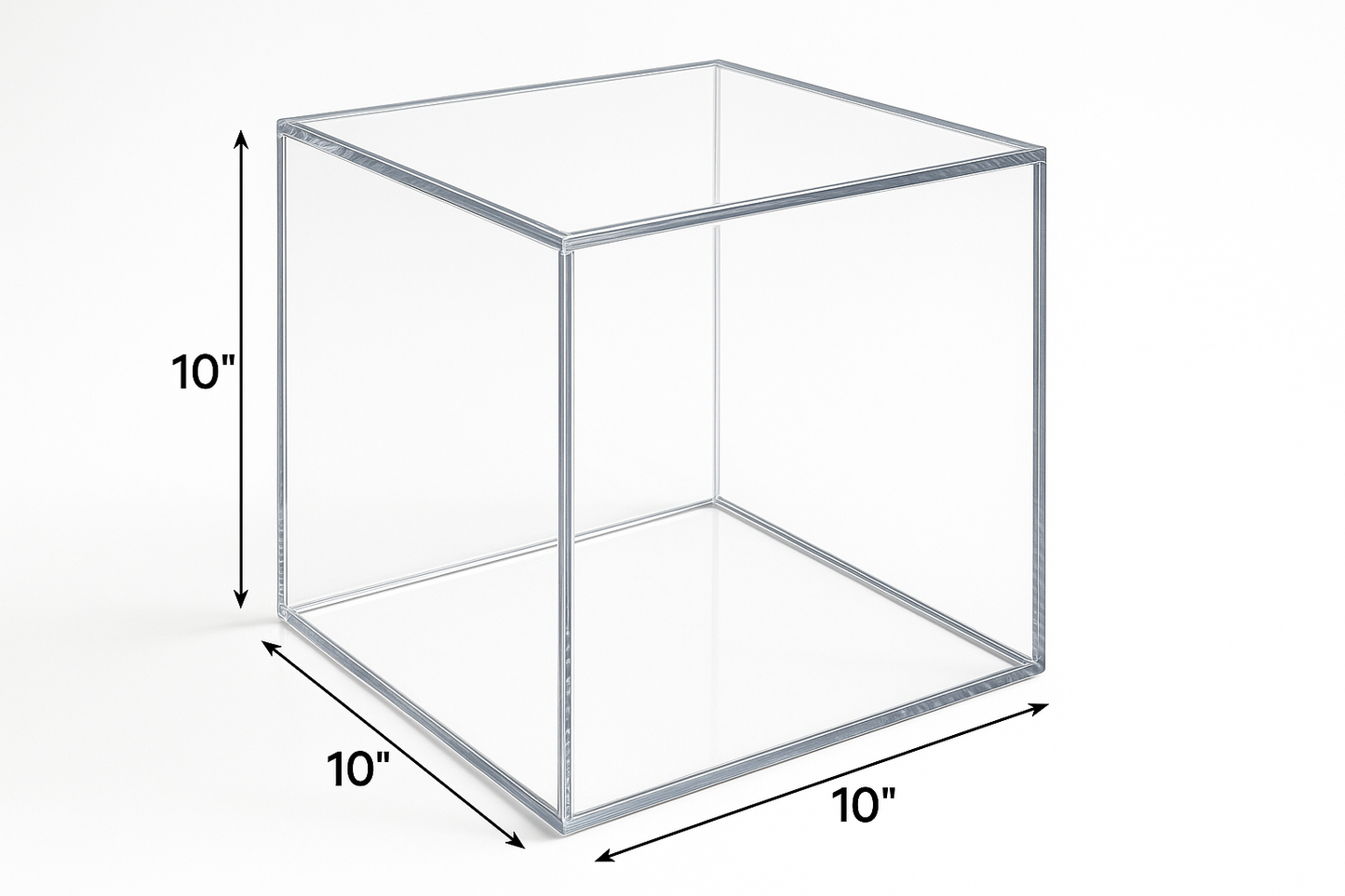 create acrylic display case clear 3/16" thick 10 x 10 x 10 with size arrows 