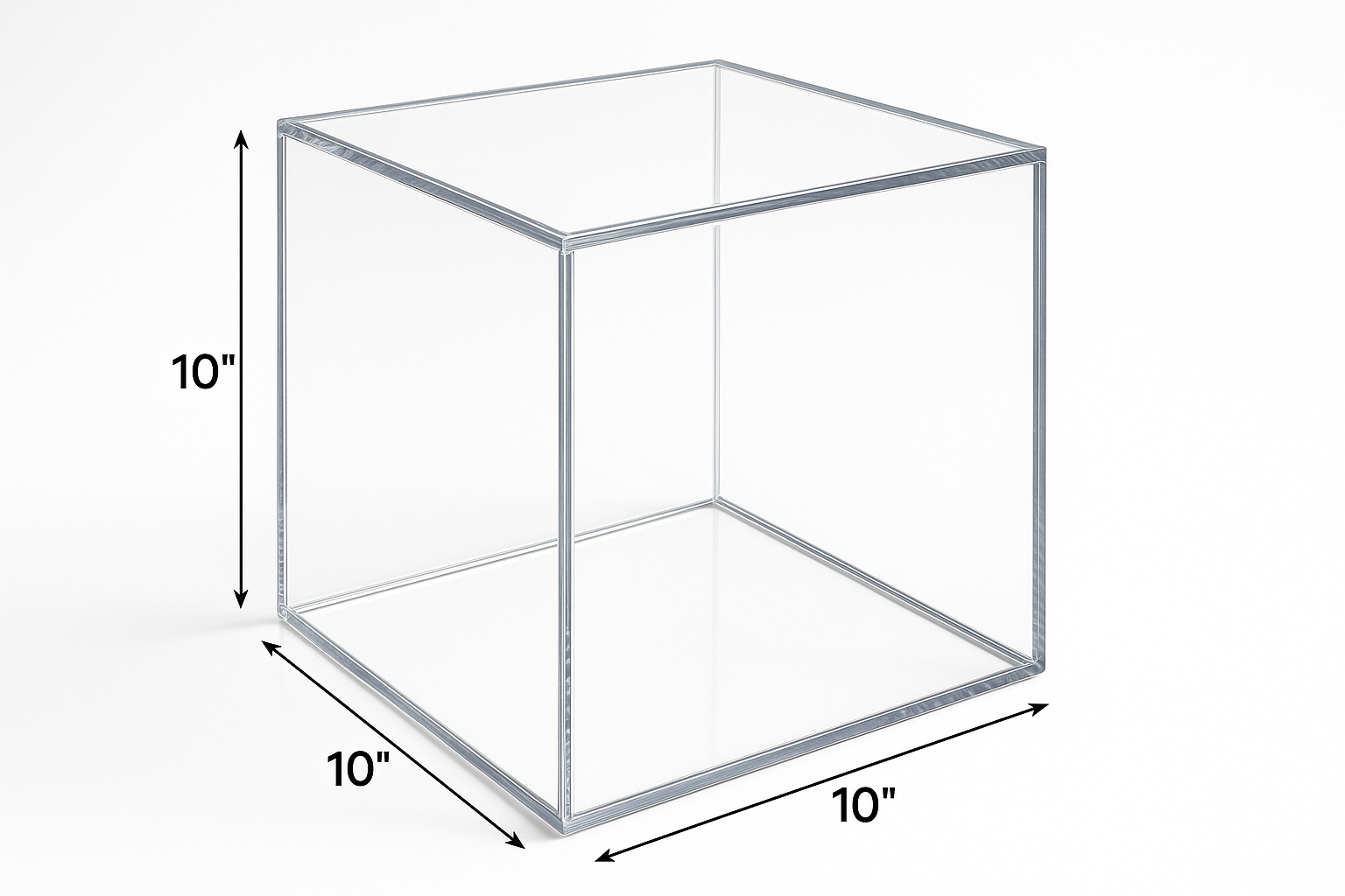 create acrylic display case clear 3/16" thick 10 x 10 x 10 with size arrows 