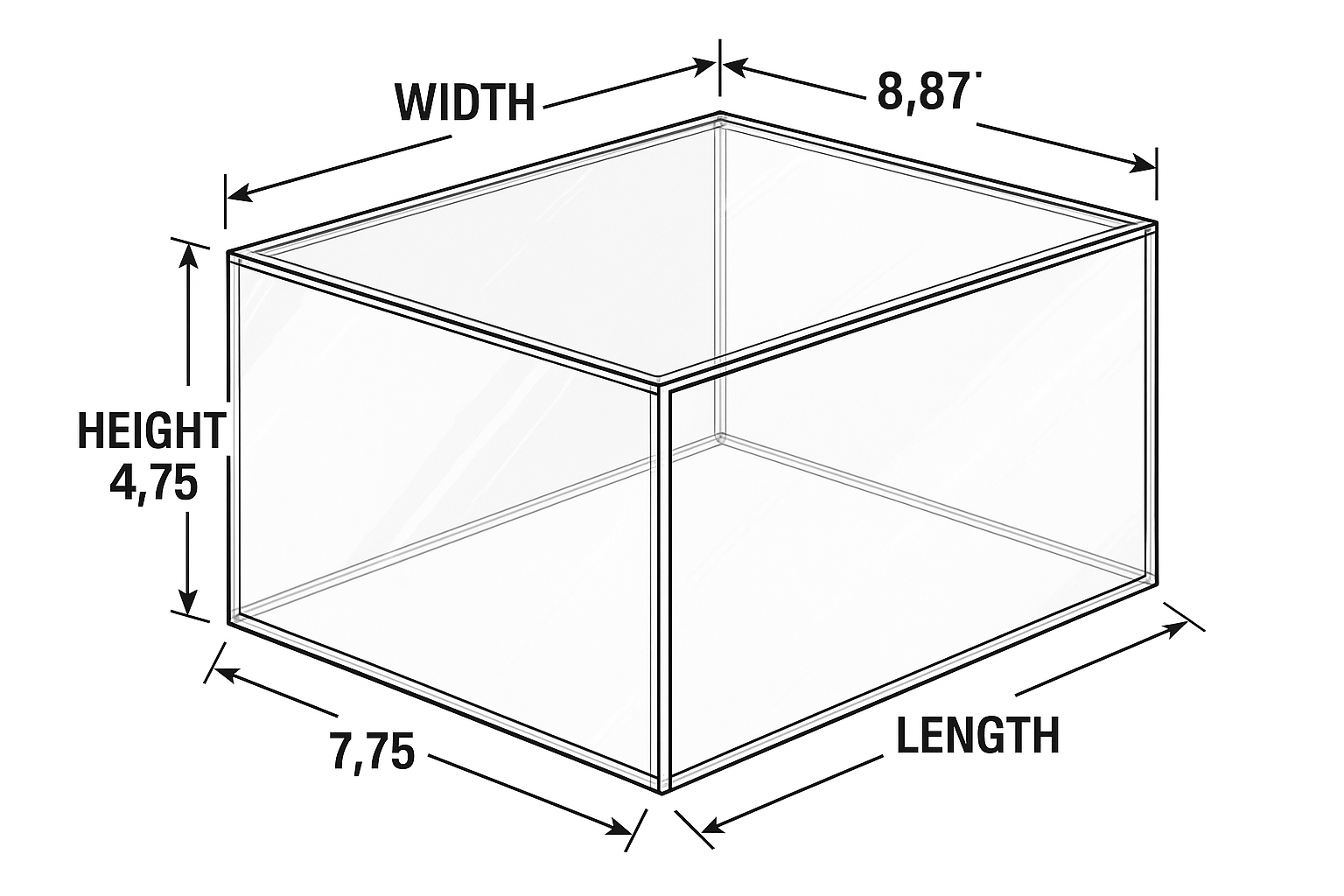 create clear 5 sided lexan polycarbonate box with size arrows WIDTH:

8.87
HEIGHT:

4.75
LENGTH:

7.75