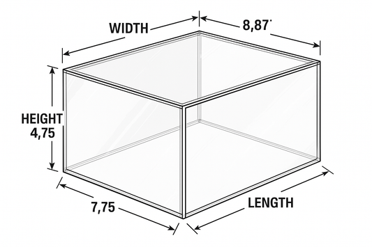 create clear 5 sided lexan polycarbonate box with size arrows WIDTH:

8.87
HEIGHT:

4.75
LENGTH:

7.75