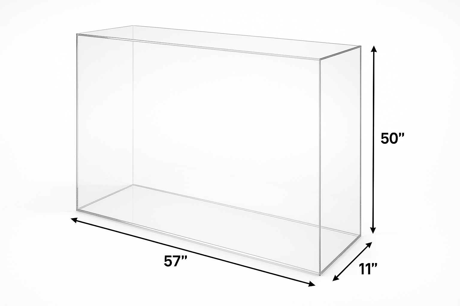 create clear acrylic display box with size arrows 57 inches in length, 11 inches wide and 50 inches height 
