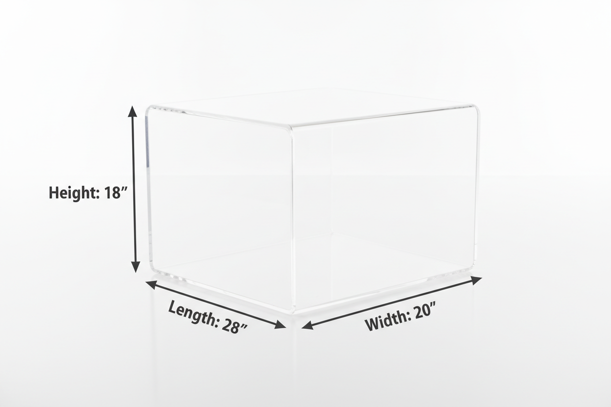 The acrylic display boxes have the following dimensions:


Height: 18”

Length: 28”

Width: 20”