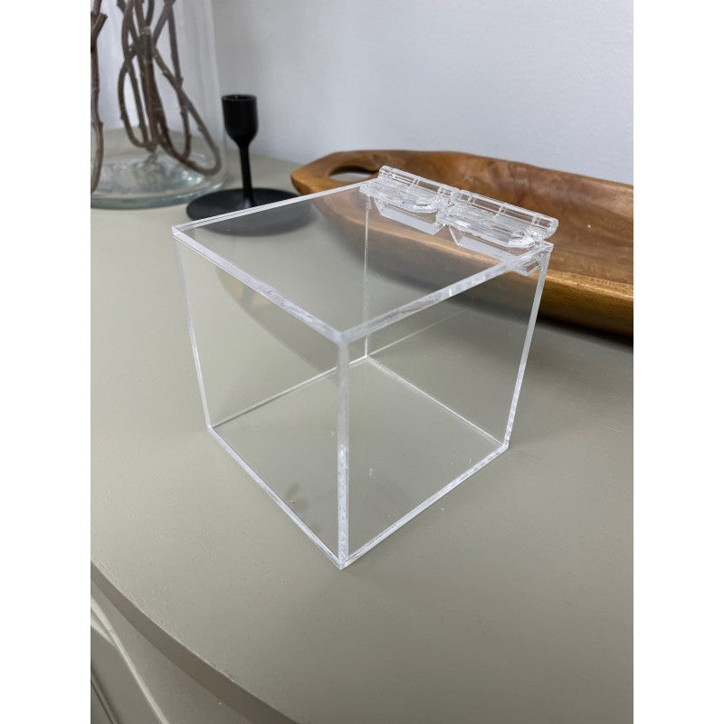 Clear plastic box with deals hinged lid